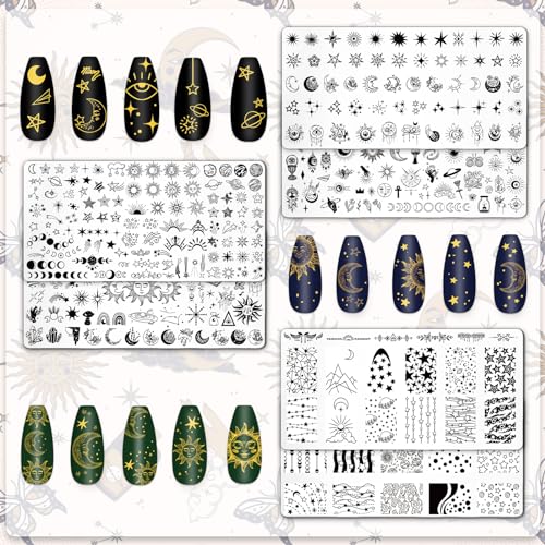 Whaline 6Pcs Sun Moon Star Nail Plates Stamping Set Groovy Stamp Templates Nail Art Plates for DIY Print Manicure Salon Design Gift Supplies - Image 3