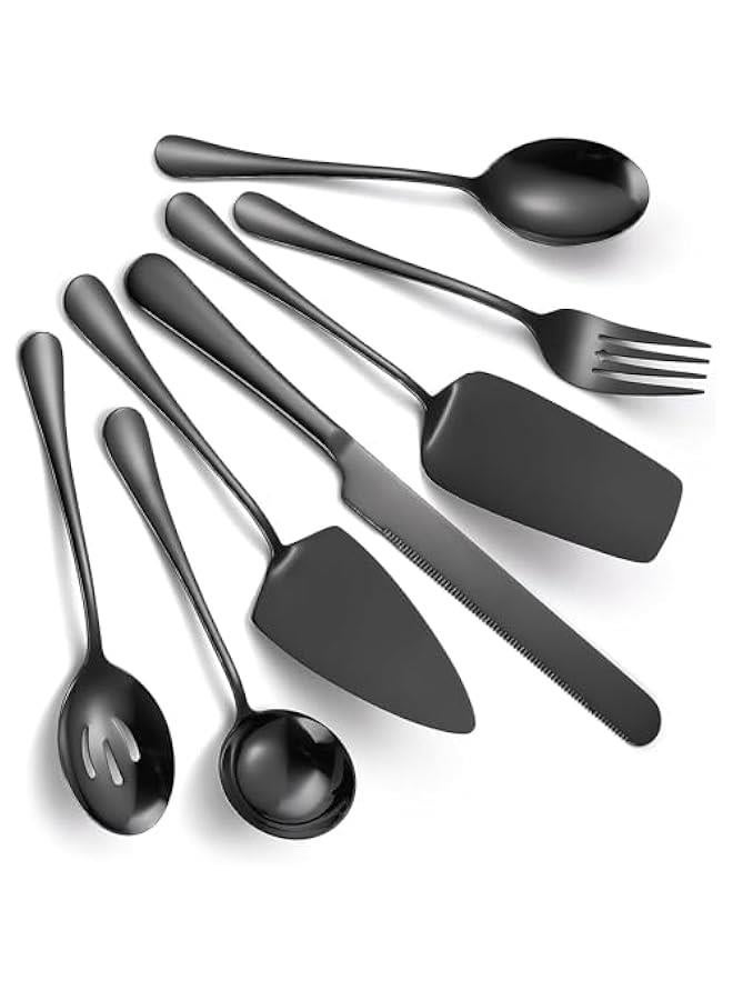 HOOKOR 7 PCS Flatware Serving Set Stainless Steel Utensils Include Soup Spoon,Slotted Spoon,Dessert Server,Large Serving Fork, Cake Knife,Large Serving Slotted Spoon,Pizza Spatula (Black) - Image 1