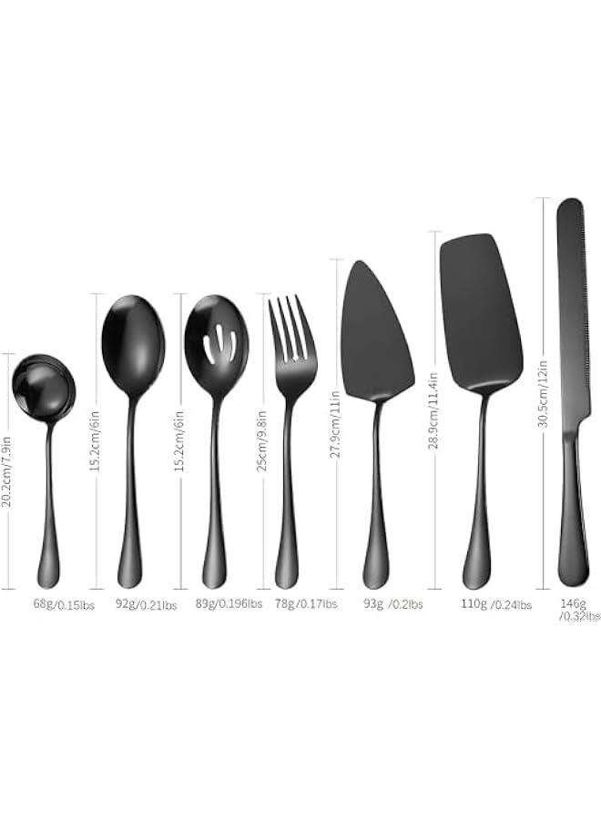 HOOKOR 7 PCS Flatware Serving Set Stainless Steel Utensils Include Soup Spoon,Slotted Spoon,Dessert Server,Large Serving Fork, Cake Knife,Large Serving Slotted Spoon,Pizza Spatula (Black) - Image 2