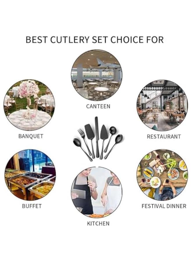 HOOKOR 7 PCS Flatware Serving Set Stainless Steel Utensils Include Soup Spoon,Slotted Spoon,Dessert Server,Large Serving Fork, Cake Knife,Large Serving Slotted Spoon,Pizza Spatula (Black) - Image 3