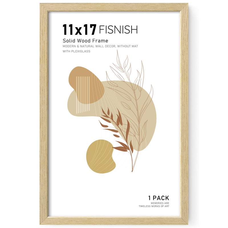 Fisnish 11x17 Picture Frame, Natural Solid Wooden Picture Frames, Display 11x17 Photos without Mat, Horizontal or Vertical Wall Mounting, Oak Wood Grain, 1 Pack - Image 1