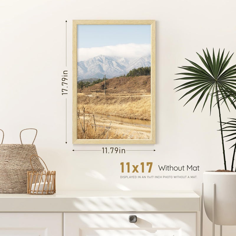 Fisnish 11x17 Picture Frame, Natural Solid Wooden Picture Frames, Display 11x17 Photos without Mat, Horizontal or Vertical Wall Mounting, Oak Wood Grain, 1 Pack - Image 3