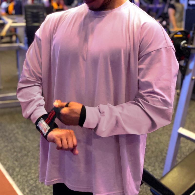 Generic Muscle fashion brand loose fitness clothes casual training sportswear long-sleeved T-shirt pullover sweater thin men Pink Light board 
