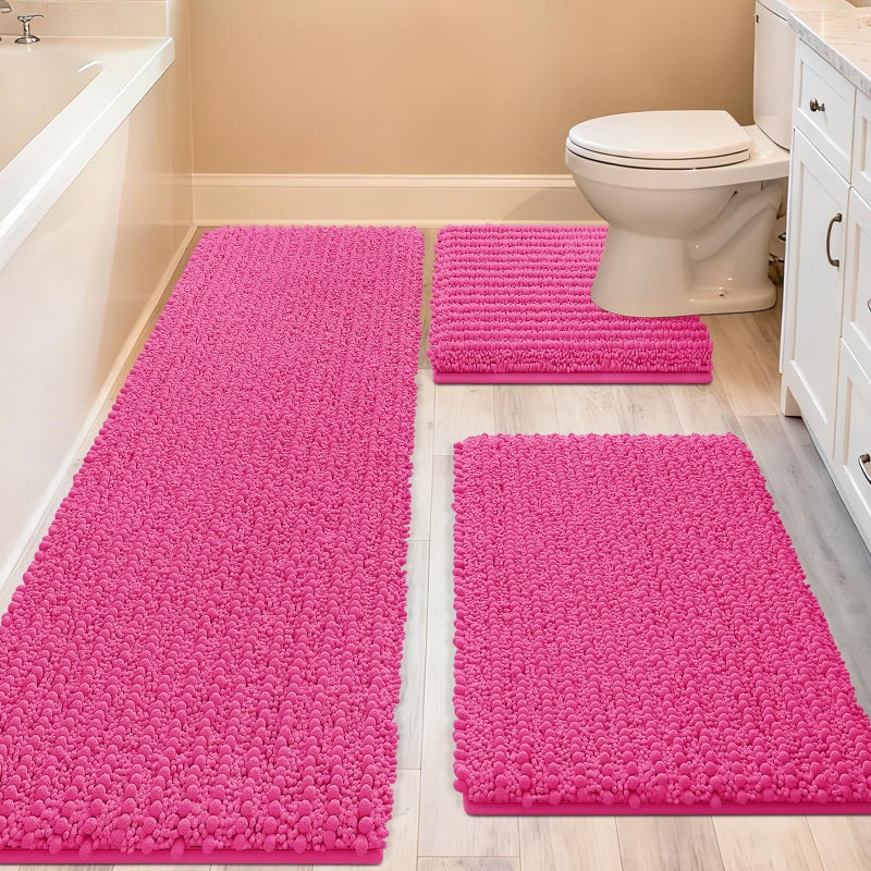 ACCUMTEK Upgrade Extra Large Shiny Pink Bathroom Rug Set 3 Pieces Ultra Soft, Thick Absorbent Bath Mats, Non Slip Chenille Toilet Mat for Bathroom, Bedroom, Kitchen - Image 1