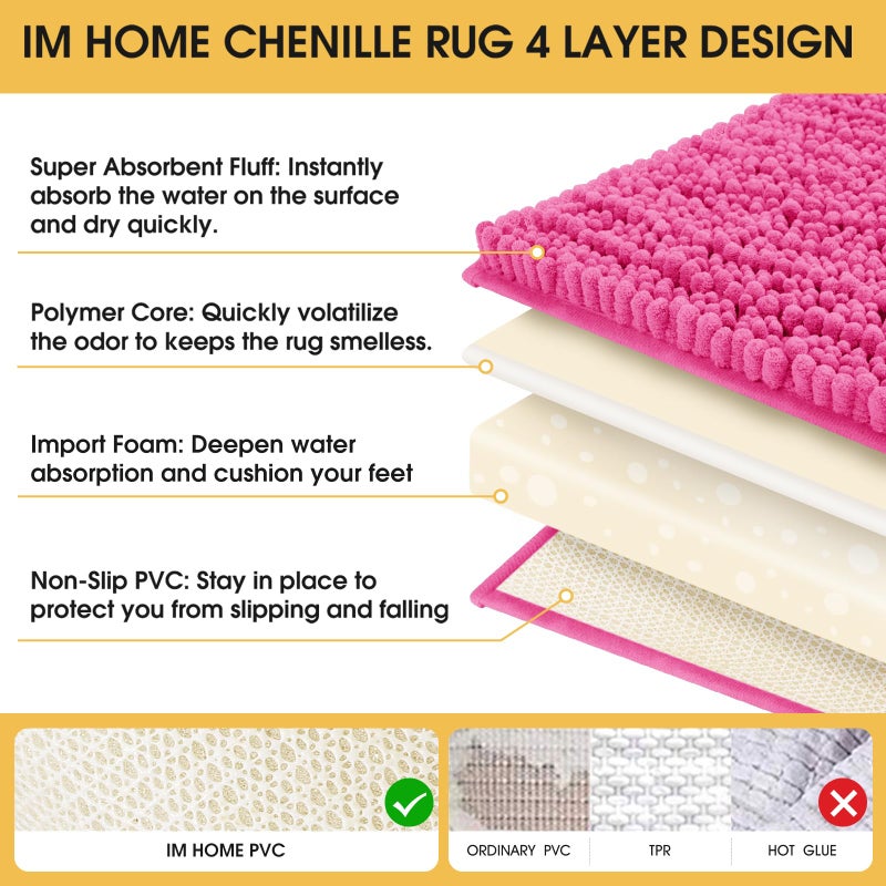 ACCUMTEK Upgrade Extra Large Shiny Pink Bathroom Rug Set 3 Pieces Ultra Soft, Thick Absorbent Bath Mats, Non Slip Chenille Toilet Mat for Bathroom, Bedroom, Kitchen - Image 4