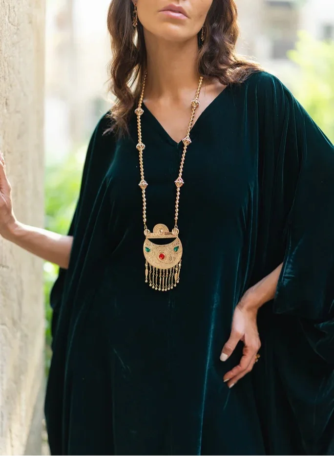 MAISON ARABELLE NIHAL VELVET KAFTAN GREEN