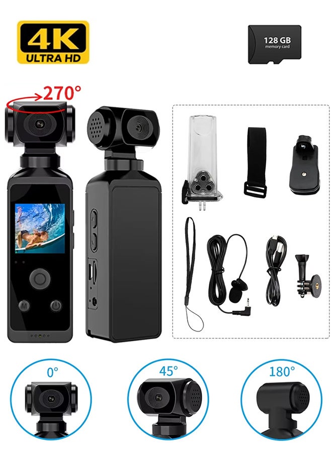 Generic 4K HD Camera, 270° Rotatable Large Wide Angle, Included 128G Card, 30m/98ft Underwater Camera with & Mic for Outdoor Riding Diving Shooting Vlog , 1000mAh Rechargeable  - Image 1