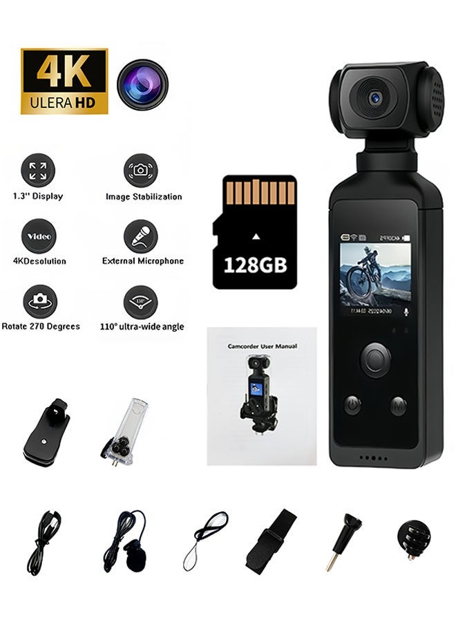 كاميرا 4K HD، زاوية واسعة قابلة للدوران 270 درجة، بطاقة 128 جيجابايت متضمنة، كاميرا تحت الماء 30 مترًا/98 قدمًا مع ميكروفون للتصوير تحت الماء وركوب الخيل في الهواء الطلق، قابلة لإعادة الشحن ببطارية 1000 مللي أمبير في الساعة - Image 1