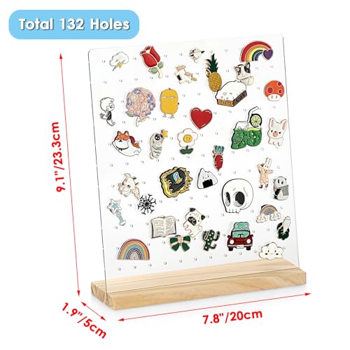 JUXYES Pack of 2 Clear Acrylic Enamel Pin Display Stand with Wooden Base Tabletop Pin Organizer Display Storage Stand Hold Up To 132 Pins - Image 3
