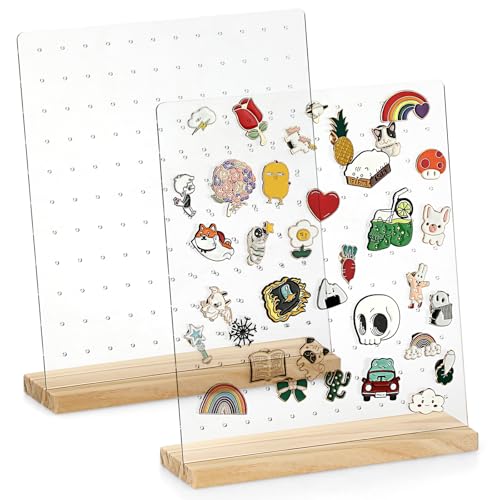 JUXYES Pack of 2 Clear Acrylic Enamel Pin Display Stand with Wooden Base Tabletop Pin Organizer Display Storage Stand Hold Up To 132 Pins - Image 1