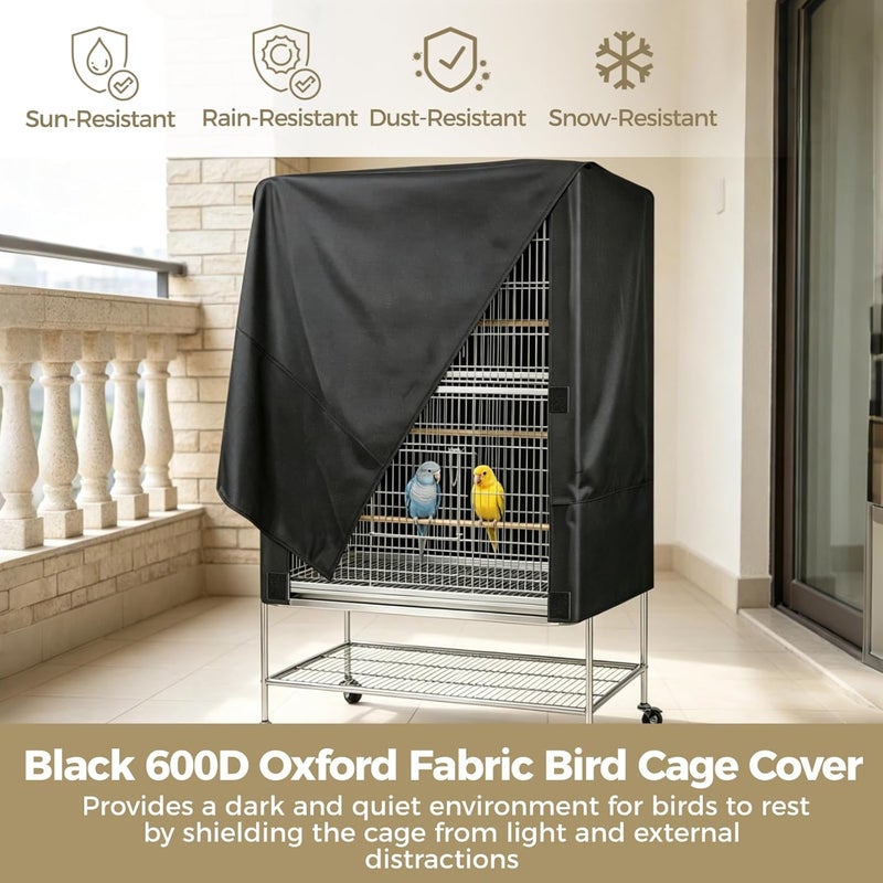 Black 600D Oxford Fabric Bird Cage Cover, 33L x 23W x 41H Inch Weatherproof Parrot Cage Cover, Full Coverage Dustproof Shade, Easy Access for Outdoor Patio - Image 5