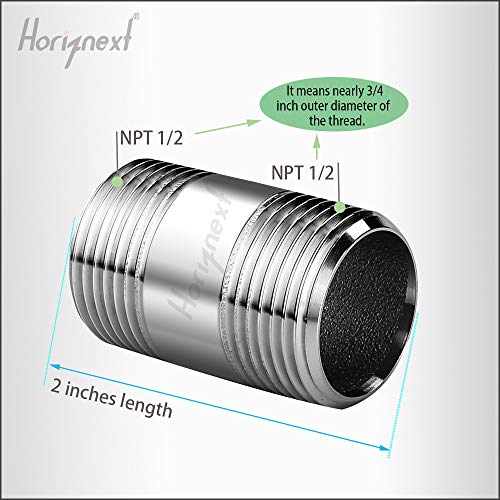 Horiznext stainless steel 304 pipe nipple npt 1/2 male threaded cast fitting, 2 inches length tube sleeve extension connector, schedule 40 conduit hose adapter - Image 2