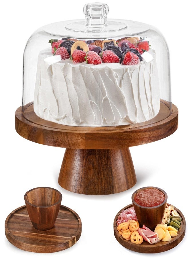 Famyards Farmyards Acacia Wood Cake Stand with Acrylic Dome Lid - 12in Acacia Wood 2-in-1 Footed Round Cake Holder, Cake Plate Display with Cover for Baking Gifts, Large Dessert Table Display Set & Charcuterie Board for Parties - Image 1