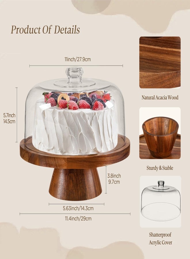 Famyards Farmyards Acacia Wood Cake Stand with Acrylic Dome Lid - 12in Acacia Wood 2-in-1 Footed Round Cake Holder, Cake Plate Display with Cover for Baking Gifts, Large Dessert Table Display Set & Charcuterie Board for Parties - Image 2