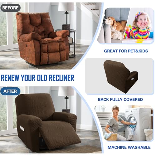 MAXIJIN Latest Recliner Slipcovers for Living Room 4 Pieces Stretch Jacquard Recliner Chair Cover Soft Fitted Recliner Protector with Elastic Bottom for Kids, Pets (Recliner, Dark Coffee) - Image 5