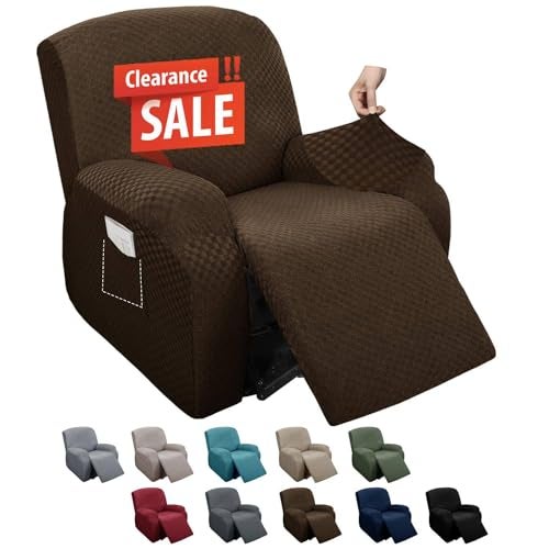 MAXIJIN Latest Recliner Slipcovers for Living Room 4 Pieces Stretch Jacquard Recliner Chair Cover Soft Fitted Recliner Protector with Elastic Bottom for Kids, Pets (Recliner, Dark Coffee) - Image 1