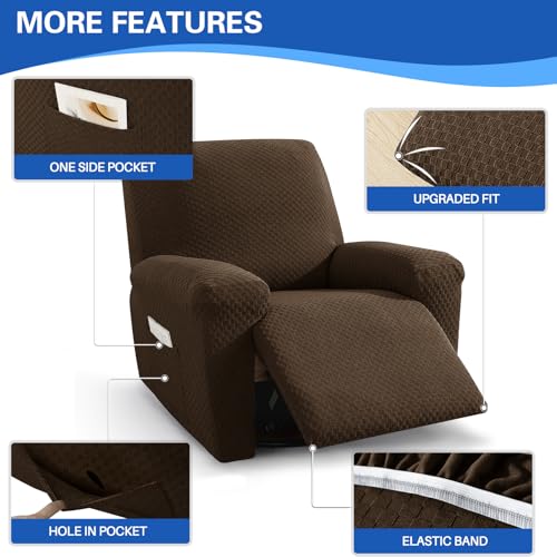 MAXIJIN Latest Recliner Slipcovers for Living Room 4 Pieces Stretch Jacquard Recliner Chair Cover Soft Fitted Recliner Protector with Elastic Bottom for Kids, Pets (Recliner, Dark Coffee) - Image 4