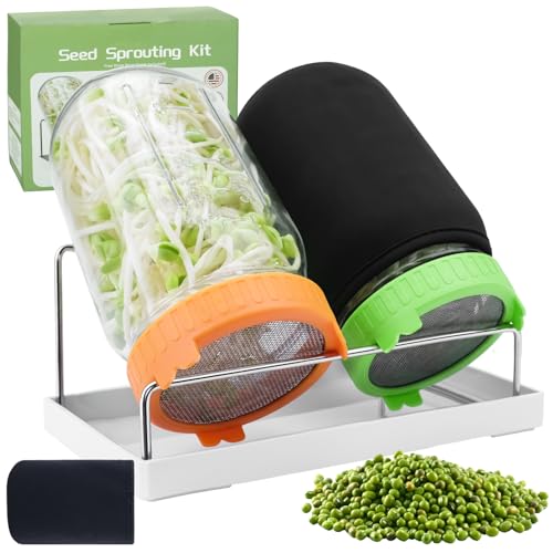 TitaniX Seed Sprouting Kit with Mung Beans 80g, 2 Large Wide Mouth Mason Jars with Sprout Lids, Blackout Sleeves, Drain Tray, Stainless Steel Stand, Sprouts Growing Kit for Growing Bean Alfalfa Sprout Seeds - Image 1