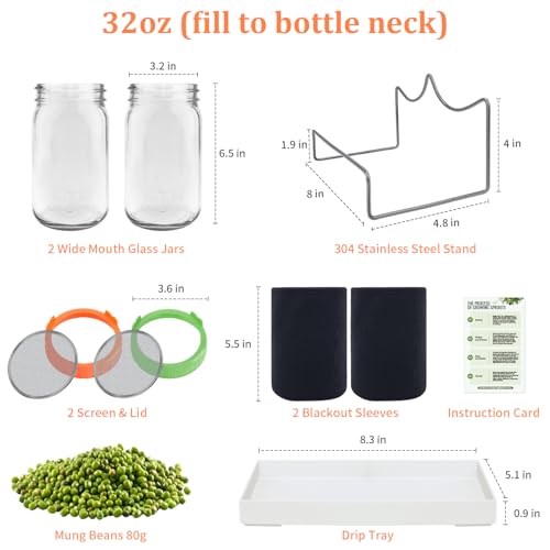 TitaniX Seed Sprouting Kit with Mung Beans 80g, 2 Large Wide Mouth Mason Jars with Sprout Lids, Blackout Sleeves, Drain Tray, Stainless Steel Stand, Sprouts Growing Kit for Growing Bean Alfalfa Sprout Seeds - Image 2