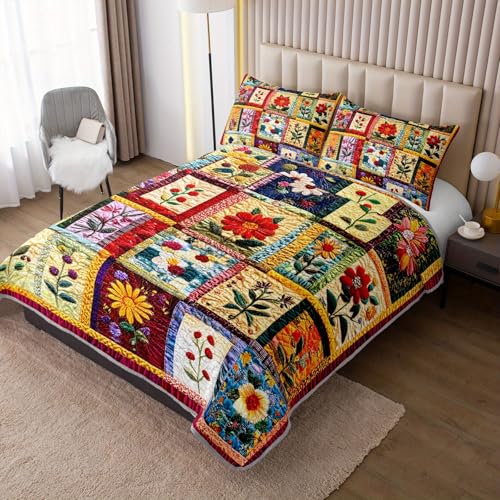 Tuzaovy Colorful Floral Patchwork Quilt Set Queen Size for Teens Adult Bedroom Decor,Floral Lightweight Bedspread Sets Queen Bedding,Bohemian Bed Cover Soft for Boys and Girls Room Decor - Image 2