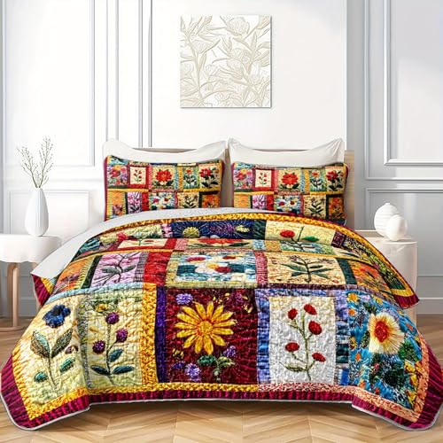 Tuzaovy Colorful Floral Patchwork Quilt Set Queen Size for Teens Adult Bedroom Decor,Floral Lightweight Bedspread Sets Queen Bedding,Bohemian Bed Cover Soft for Boys and Girls Room Decor - Image 3