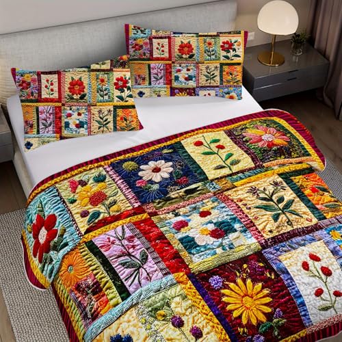 Tuzaovy Colorful Floral Patchwork Quilt Set Queen Size for Teens Adult Bedroom Decor,Floral Lightweight Bedspread Sets Queen Bedding,Bohemian Bed Cover Soft for Boys and Girls Room Decor - Image 4