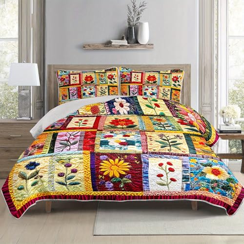Tuzaovy Colorful Floral Patchwork Quilt Set Queen Size for Teens Adult Bedroom Decor,Floral Lightweight Bedspread Sets Queen Bedding,Bohemian Bed Cover Soft for Boys and Girls Room Decor - Image 5