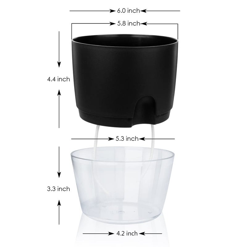 Vanavazon 6 Inch Self Watering Planter Pots for Indoor Plants, 3 Pack African Violet Pots with Wick Rope-Black - Image 3