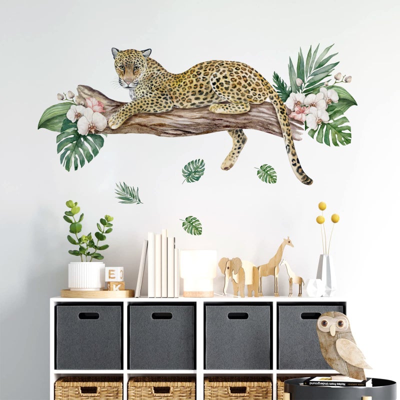 Yovkky Yovkky Cheetah Leopard Wall Decals Stickers Safari Jaguar Trunk Palm Leaves Home Bedroom Decor Wild Jungle African Animal Tropical Flower Living Room Kitchen Decorations Art