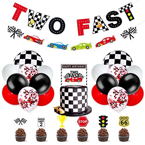 Bessmoso Two Fast Birthday Decorations 52 Pcs Racing Car Party Supplies 2nd Fast Birthday Decorations Include Race Car Balloons Banner Cake Topper Cupcake Toppers for Racing Theme Party Decoration - Image 1