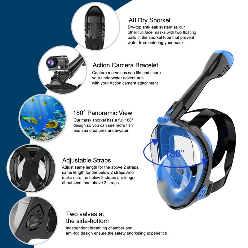 Jwintee Full Face Snorkel Mask, Diving Mask for Kids and Adults,180° Panoramic View Snorkel Mask with Camera Mount, Safe Breathing, Anti-Leak&Anti-Fog - Image 2