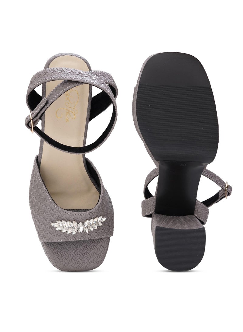 Sole House Sole House Chic Sophistication: Grey Textured Block Heels with Silver Brooch - perfect for parties, celebrations & special occasions.  - Image 4