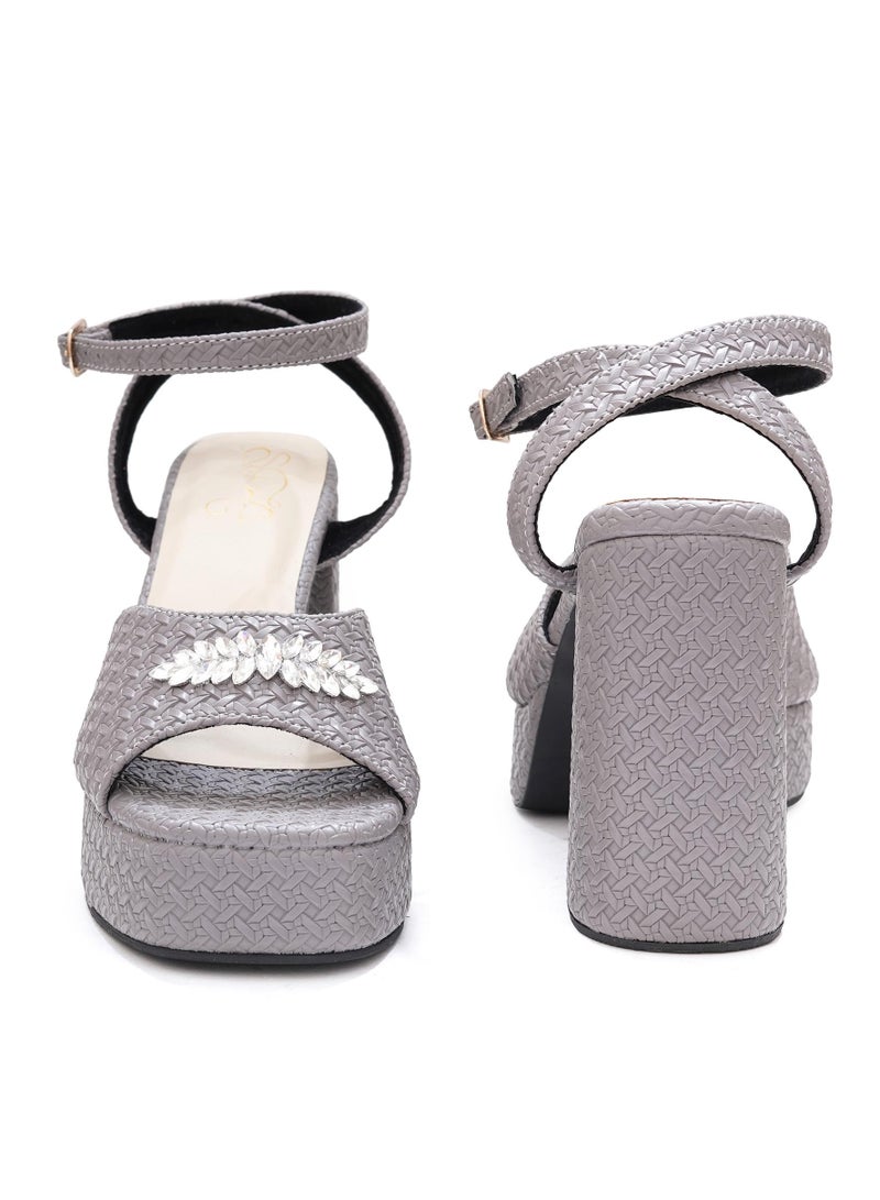 Sole House Sole House Chic Sophistication: Grey Textured Block Heels with Silver Brooch - perfect for parties, celebrations & special occasions.  - Image 3