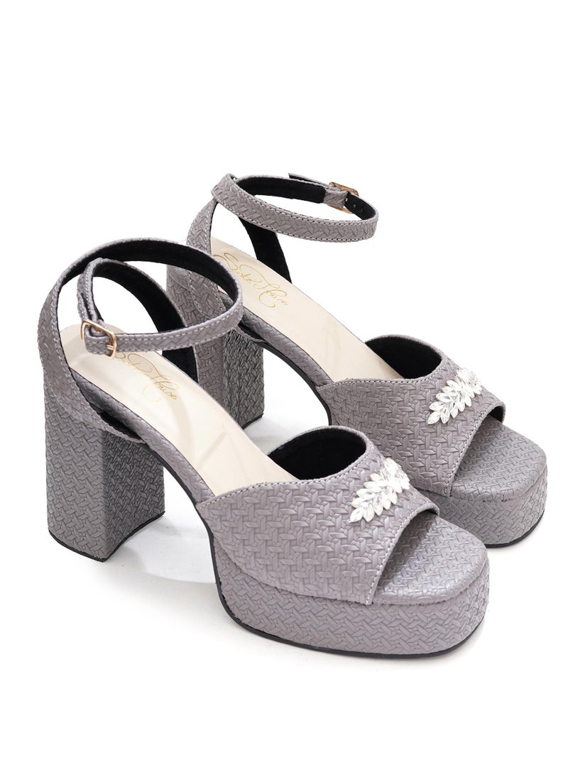 Sole House Sole House Chic Sophistication: Grey Textured Block Heels with Silver Brooch - perfect for parties, celebrations & special occasions.  - Image 1