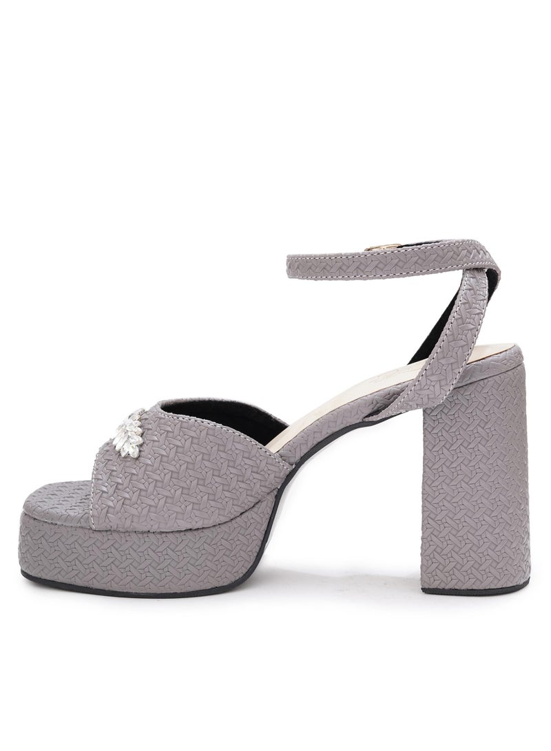 Sole House Sole House Chic Sophistication: Grey Textured Block Heels with Silver Brooch - perfect for parties, celebrations & special occasions.  - Image 5