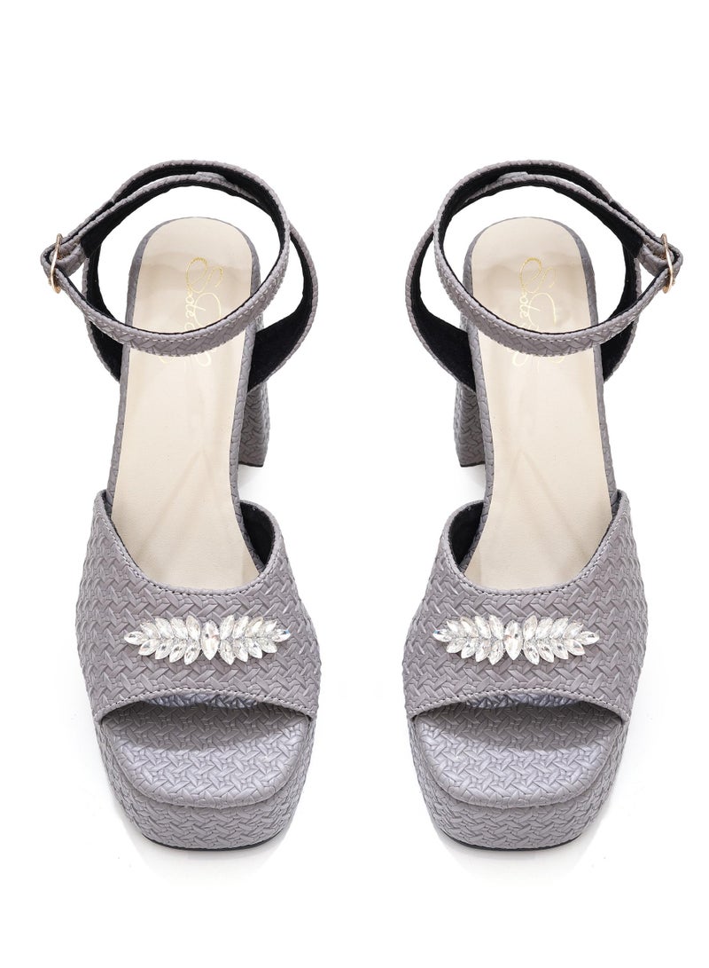 Sole House Chic Sophistication: Grey Textured Block Heels with Silver Brooch - perfect for parties, celebrations & special occasions.