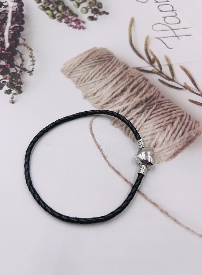 OutstandLong 3mm Black Leather Bracelet Heart Barrel Snap Clasp Handmade Braided Wristband for Pandora European Charm Bead DIY Jewelry 18CM - Image 3