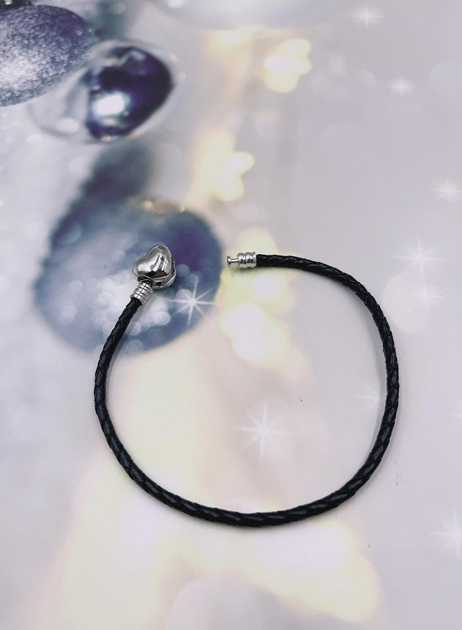 OutstandLong 3mm Black Leather Bracelet Heart Barrel Snap Clasp Handmade Braided Wristband for Pandora European Charm Bead DIY Jewelry 18CM - Image 2