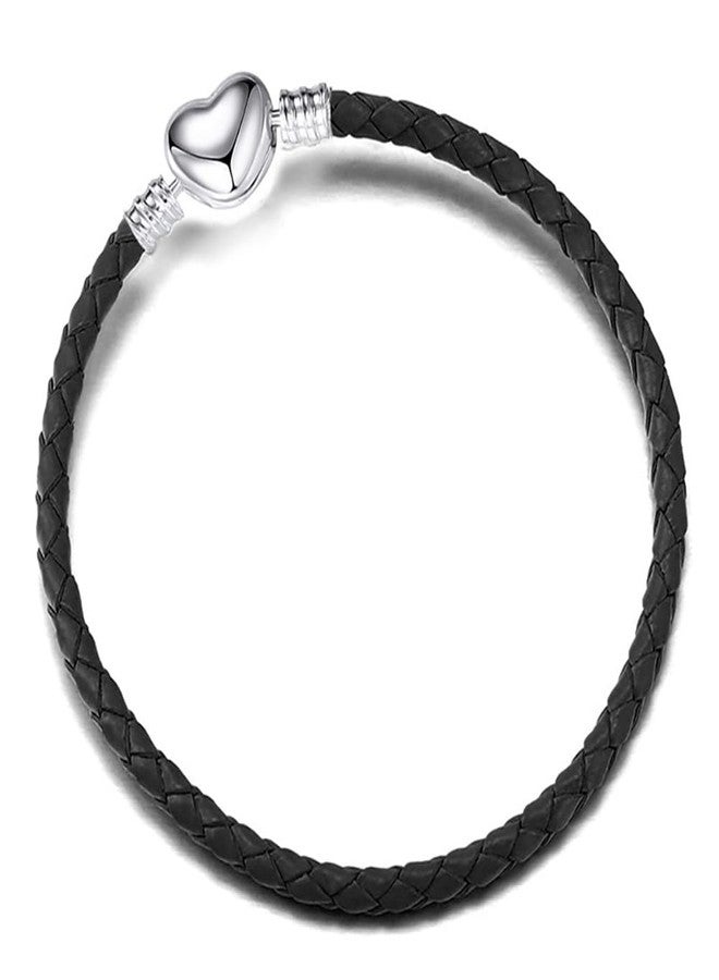 OutstandLong 3mm Black Leather Bracelet Heart Barrel Snap Clasp Handmade Braided Wristband for Pandora European Charm Bead DIY Jewelry 18CM - Image 1