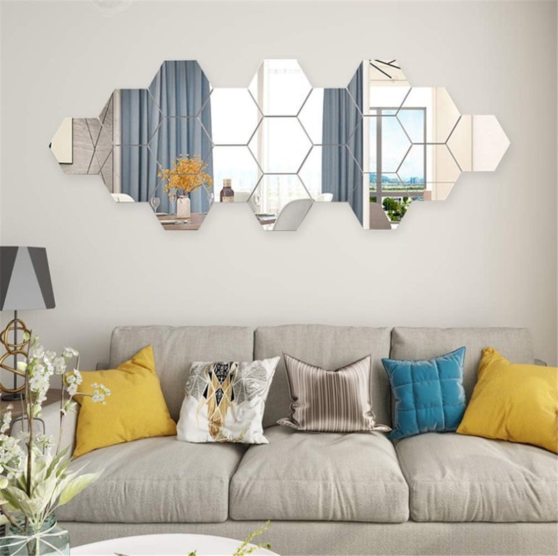 Price Xes Hexagon Mirror Wall Stickers, 12PCS Mirror Art DIY Home Decorative 3D Hexagonal Acrylic Mirror Wall Sheet Plastic Mirror Tiles for Home Living Room Bedroom Sofa TV Setting Wall Decoration (Silver) - Image 1