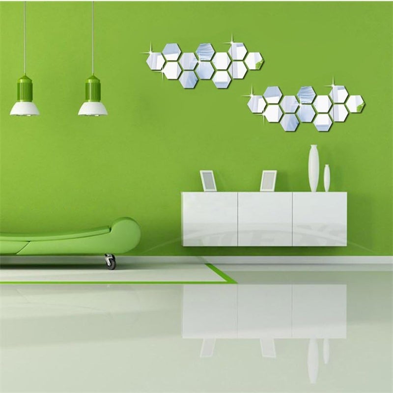 Price Xes Hexagon Mirror Wall Stickers, 12PCS Mirror Art DIY Home Decorative 3D Hexagonal Acrylic Mirror Wall Sheet Plastic Mirror Tiles for Home Living Room Bedroom Sofa TV Setting Wall Decoration (Silver) - Image 2