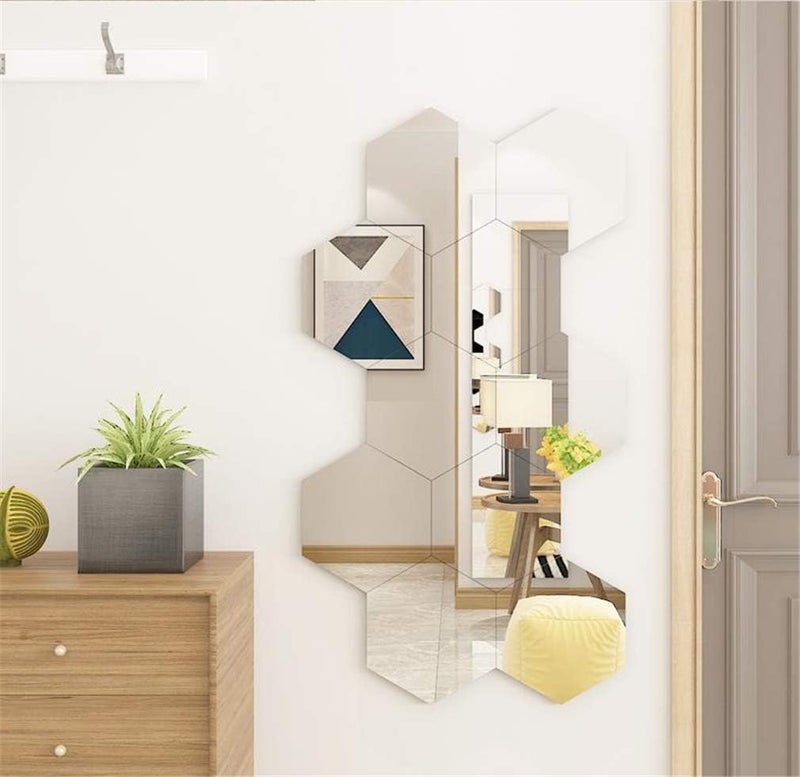 Price Xes Hexagon Mirror Wall Stickers, 12PCS Mirror Art DIY Home Decorative 3D Hexagonal Acrylic Mirror Wall Sheet Plastic Mirror Tiles for Home Living Room Bedroom Sofa TV Setting Wall Decoration (Silver) - Image 4