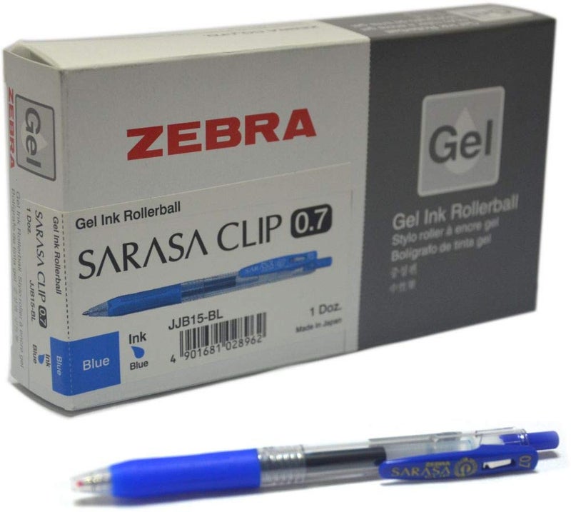 Zebra Sarasa Clip Gel Pen Set – 0.7 mm Tip, Blue Ink, Box of 12