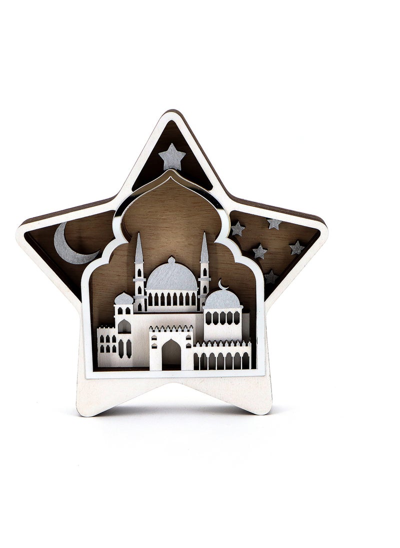 Party with Emma Eid Ramadan Crafts Stand Decoration Ramadan Mubarak Handmade Wooden Star Decor Eid Ornaments Gift for Muslims Islamic Wall Table Decor Ramadan Gift (Silver)  - Image 1