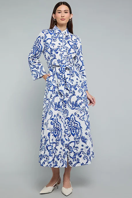 R&b Patterned Shirt Dress with Long Sleeves