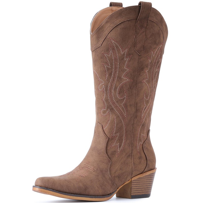 IUV Cowboy Boots For Women Western Cowgirl Boots with Chunky Heel Mid Calf Snip Toe Ideal for low insteps - Image 4