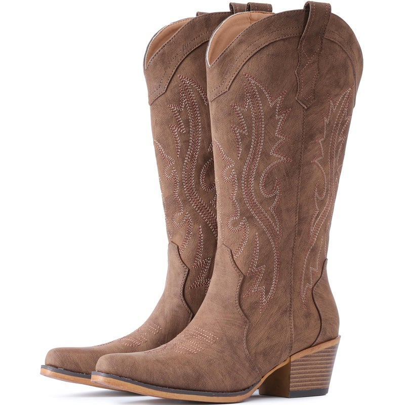 IUV Cowboy Boots For Women Western Cowgirl Boots with Chunky Heel Mid Calf Snip Toe Ideal for low insteps - Image 1
