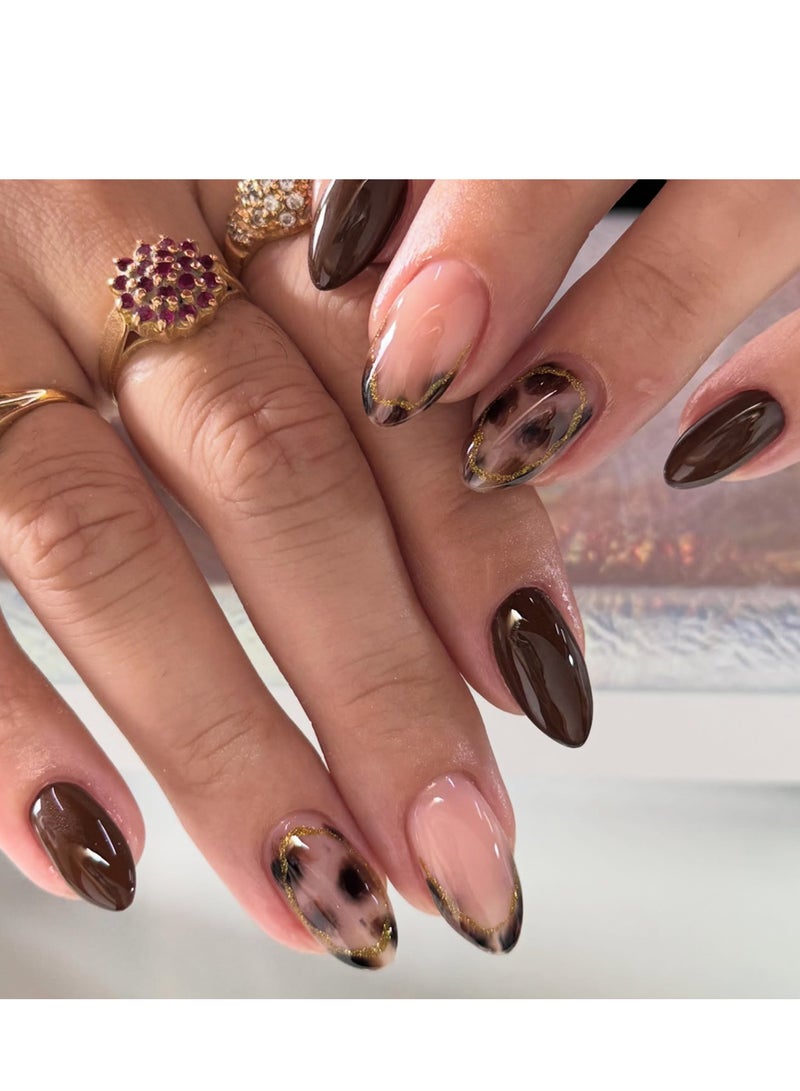 JOSQUEWNN 24PCS Short Almond Press On Nails, Tortoiseshell Leopard Fake Nails, Retro Brown Maillard Full Cover Artificial Nails, Glossy Short False Nail Tips for Women and Girls, Reusable DIY Manicure Nails for Autumn Winter, Daily Wear, Dates and Parties. - Image 1