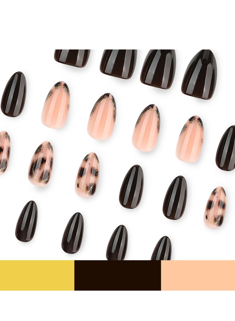 JOSQUEWNN 24PCS Short Almond Press On Nails, Tortoiseshell Leopard Fake Nails, Retro Brown Maillard Full Cover Artificial Nails, Glossy Short False Nail Tips for Women and Girls, Reusable DIY Manicure Nails for Autumn Winter, Daily Wear, Dates and Parties. - Image 2