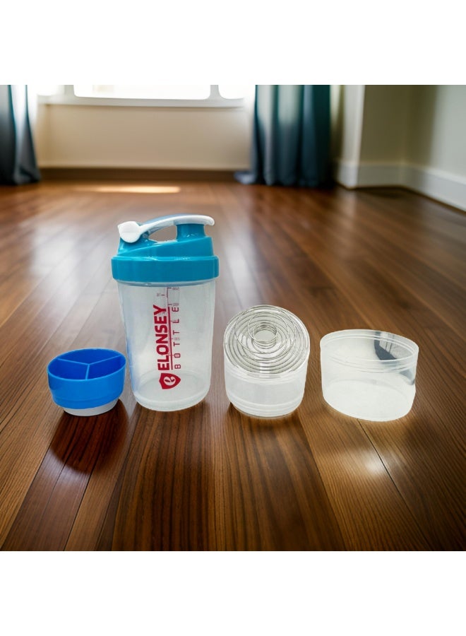 إيلونسي زجاجة مياه سعة 500 مل مع 3 طبقات تخزين قابلة للفتح والقفل، زجاجة رياضية مقاومة للتسرب وخالية من مادة BPA بنسبة 100% مع ماصة وعلامات زمنية، زجاجة خلط غير قابلة للانزلاق للمكملات الغذائية - أزرق 500 مل - Image 2